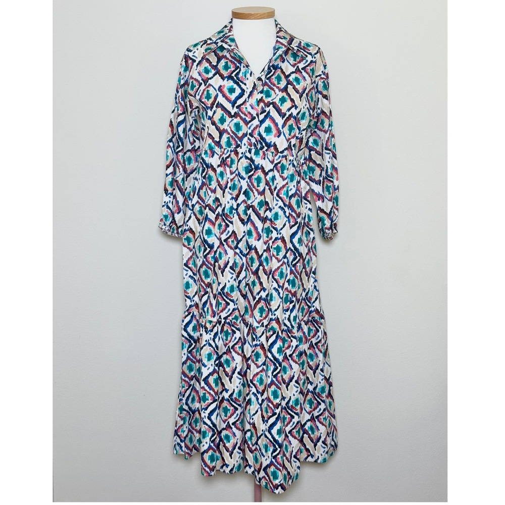 Anthropologie Maeve Bettina Tiered Midi Shirtdress Cotton XS  Ikat Geometric